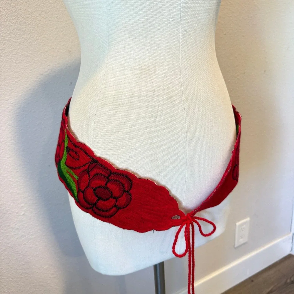 Red Floral Embroidered Sash Belt Wide Scalloped Rose Waist Tie Boho Folk